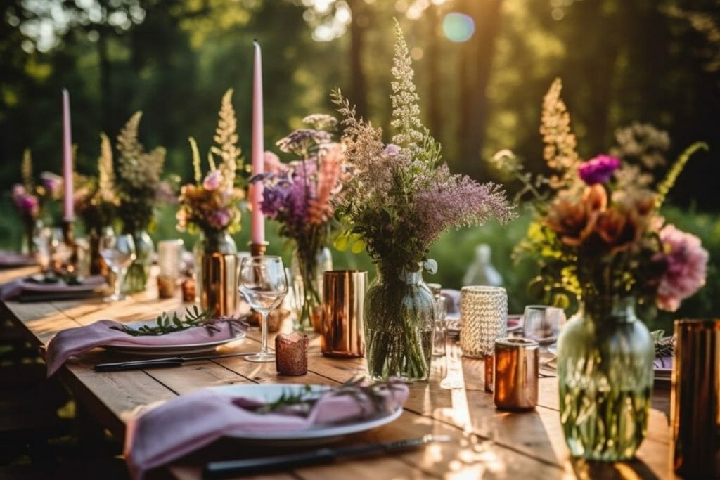 Compositions d'art floral sur une table de mariage