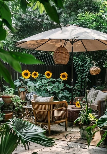 Tournesols en pot dans un patio