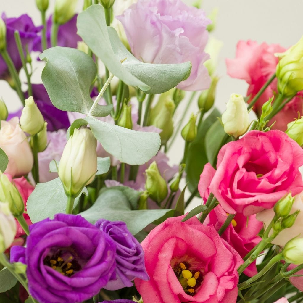 Fleurs de lisianthus en gros plan dans un bouquet