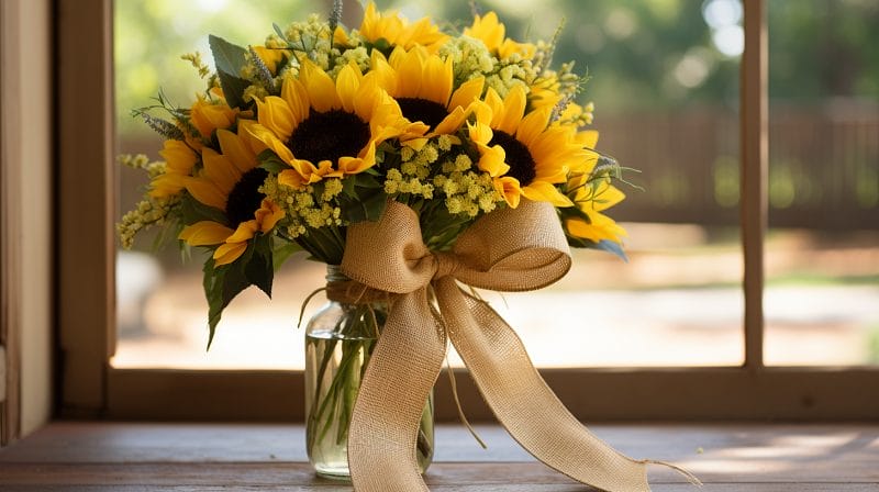 Bouquet de tournesols dans un vase décoré d'un ruban devant une fenêtre