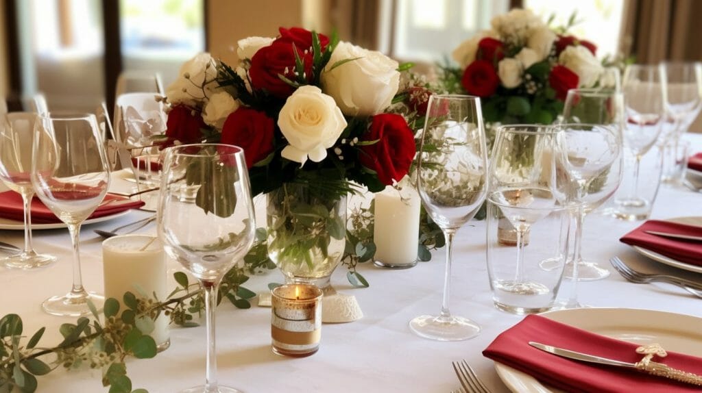 Composition florale centre de table de roses rouges et blanches pour une table de mariage