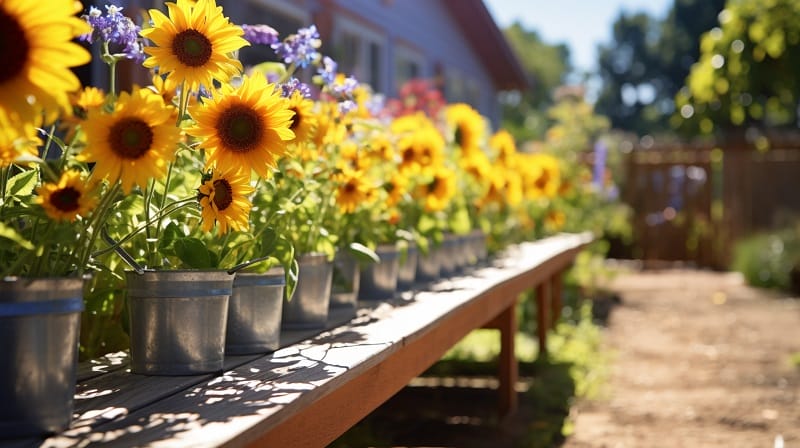 Plusieurs tournesols en pot alignés sur une longue table