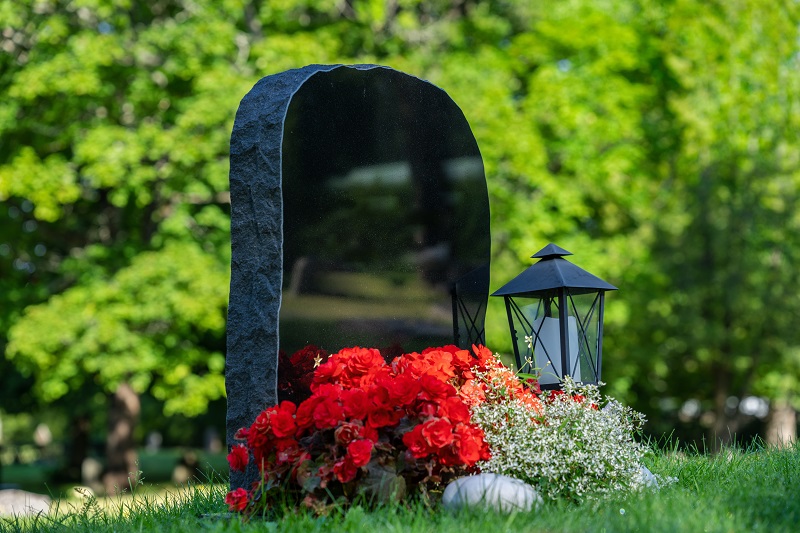 Fleurs et plantes plantées devant une pierre tombale