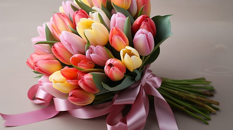 Bouquet de tulipes entouré d'un ruban rose