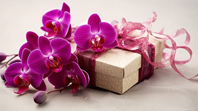 Orchidées disposées sur un paquet cadeau